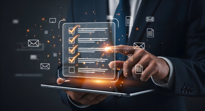 Business man using tablet for digital checklist with floating elements. For business ideas