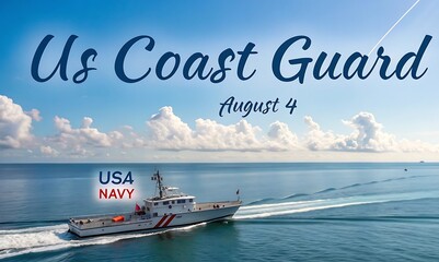Us coast guard ship sailing on the ocean under a blue sky with clouds celebrating august fourth independence day
