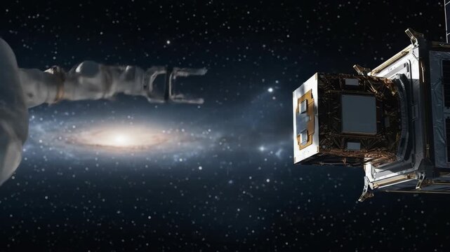 Astronaut Robotic Arm Interacting With Satellite Against Galaxy Background