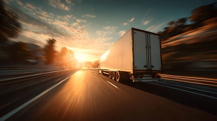 Freight truck on a highway at sunrise.