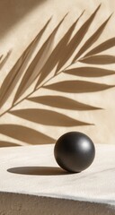 Black sphere, palm shadow, beige backdrop, sunlight, minimalist aesthetic, product display