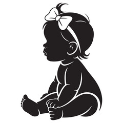 A charming silhouette of a baby girl with a large bow on her head sitting peacefully