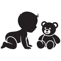 Silhouette of a baby crawling towards a teddy bear symbolizing childhood innocence and play