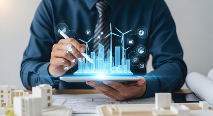 Architect using tablet to design eco city, windmills, data, blueprint, building plan project