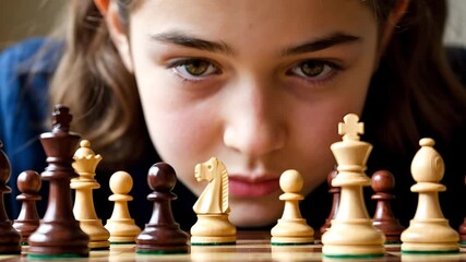 Smart kid engaging in a chess match, deeply focused on strategizing her next move during an exciting tournament - Powered by Adobe