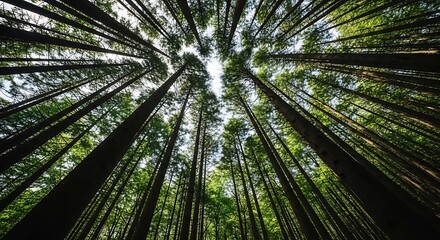 A worms-eye view looking up at a dense canopy of tall, green forest trees.