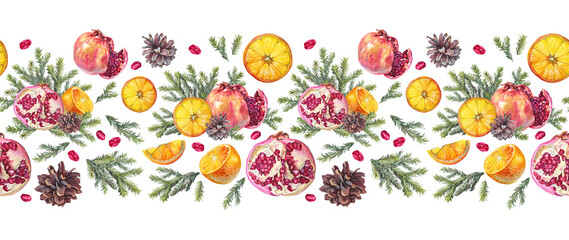 Watercolor seamless border with Christmas tree branch with pomegranate orange and pine cone on white background. Forest sticker or card. Hand-drawn rim for New Year celebration wrapping or wallpaper