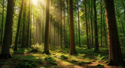 Fototapeta premium Sunlit Forest: Tall Trees, Mossy Ground, and Golden Light Rays