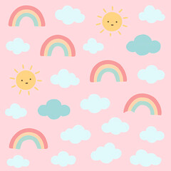 Cheerful pastel rainbow, sun, and cloud pattern on pink background.