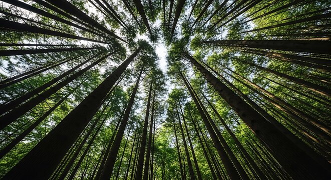 A worms-eye view looking up at a dense canopy of tall, green forest trees.