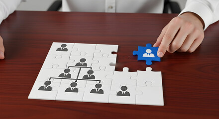 Business puzzle Man assembling hierarchy. On desk. Concept organization, staffing, HR