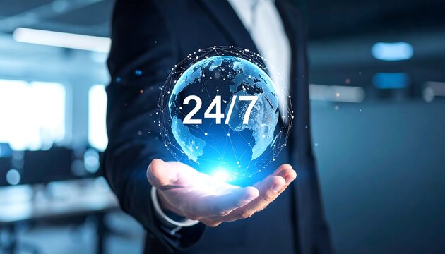 Businessperson displays glowing digital globe with 24/7 text