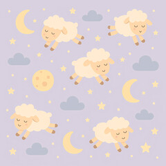 Seamless pattern featuring cute sheep jumping among stars, clouds, and crescent moons on a light purple background.