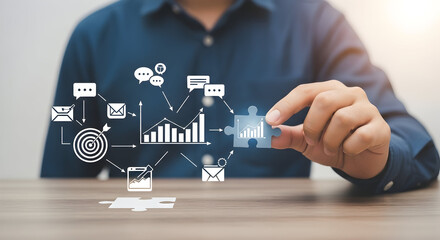 Man completes analytics with puzzle. Data graph in the background. For business reports