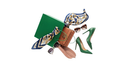 Stylish Fashion Accessories Collection PNG High Heel Shoes Handbag Scarf Sunglasses PNG
