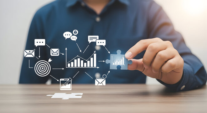 Man completes analytics with puzzle. Data graph in the background. For business reports - Powered by Adobe