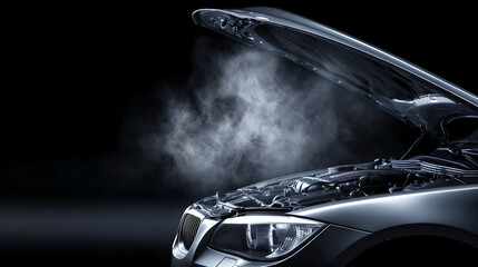 Dramatic close-up of a car engine steaming from under a partially opened hood against a dark background.
