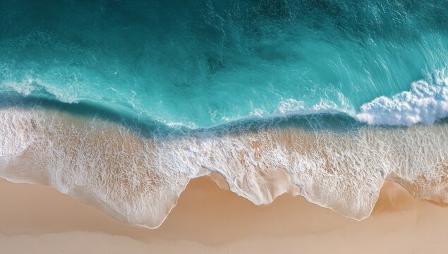 Aerial top view of a stunning white sand beach with turquoise ocean waves gently crashing on the shore under natural sunlight, captured in minimalistic and hyper realistic style with sharp details and