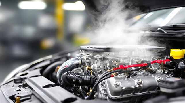 Close-up of an overheated car engine with visible steam rising, indicating a mechanical issue or breakdown.
