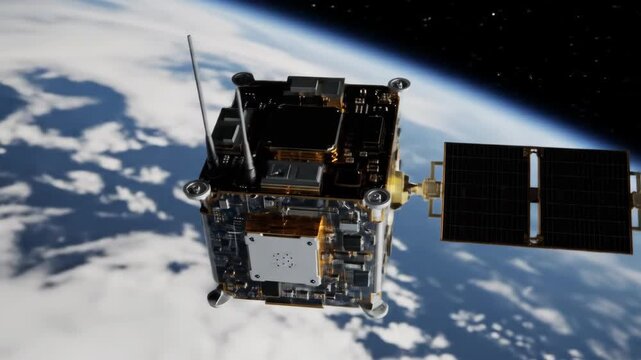 Cubesat Satellite Orbiting Earth: Detailed View of Spacecraft and Solar Panels