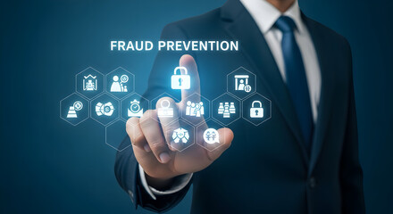 Man touches lock icon, fraud prevention, financial security, virtual interface, dark background