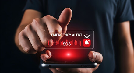 Person alerts SOS with smartphone. Emergency notification system for safety & security