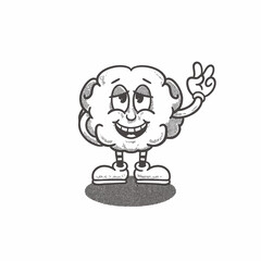 Cute funny brain retro character. Mental healt. Groovy, logo, icon, illustration, vector, sticker, coloring book