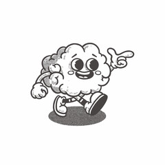Cute funny brain retro character. Mental healt. Groovy, logo, icon, illustration, vector, sticker, coloring book