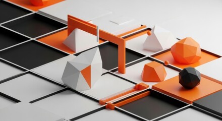 Abstract Geometric Composition with Orange and Black Elements on a Grid Background