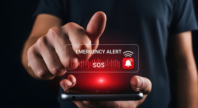 Person alerts SOS with smartphone. Emergency notification system for safety & security