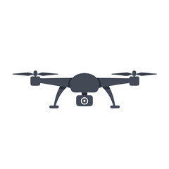Flat design drone with camera, rotors, and landing gear in dark gray
