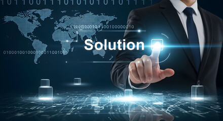 Businessman points at a digital screen with a solution, global network background; Tech concept