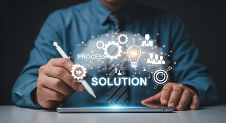 Man sketches ideas, tablet, solution process, lightbulbs, gears. Idea generation concept