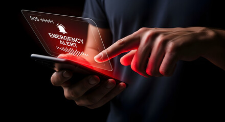 Man hits emergency alert on phone. Dark setting. Urgency and safety themes or app design