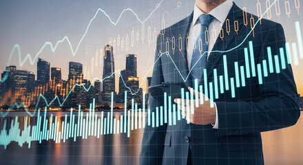 Man Analyses Stock Market in Urban Setting. Financial Data Overlay. Finance Industry Concept