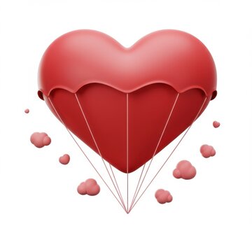 Red heart parachute isolated on white background for love concepts, celebrations