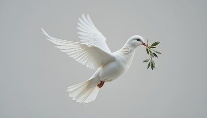 Fototapeta premium A pristine white dove soars gracefully, carrying an olive branch, a symbol of hope and peace.