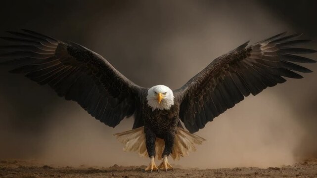Majestic eagle with outstretched wings lands in a dusty, earthy toned landscape