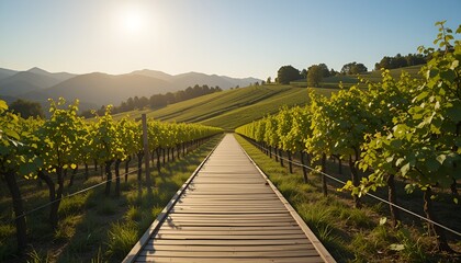 Sunlit vineyard rows stretch towards distant hills, bathed in warm golden light, serene landscape