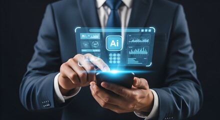 Businessman in suit interacts with AI interface using smartphone. Business application