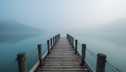Fototapeta premium A serene wooden pier extends into tranquil lake waters under a misty, ethereal sky.