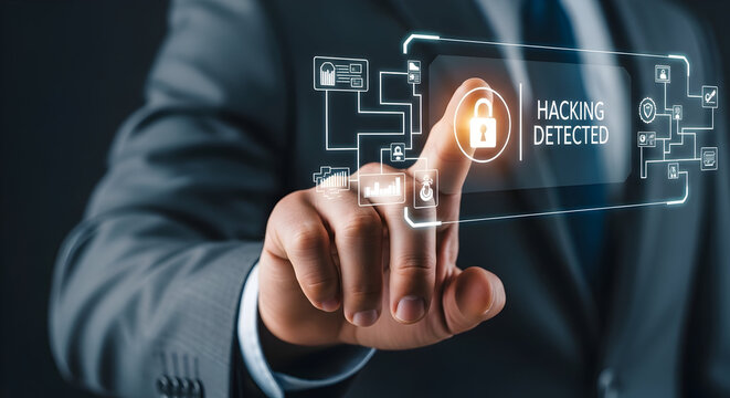 Man detects hacking; tech screen. Security concept for online safety. Background is blurred