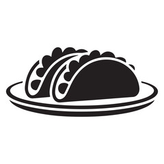 Simple black and white icon of two delicious tacos served on a white plate with stripes