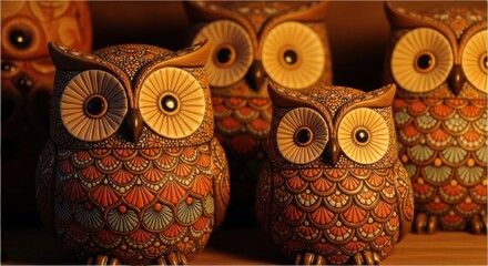 Decorative Owl Figurines With Intricate Patterns And Large Expressive Eyes
