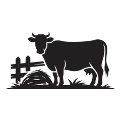 Silhouette of a black cow standing in a field next to a wooden fence and hay bales