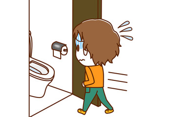 （全身斜め後ろ）お腹が痛くて青ざめて急いでトイレに駆け込む白人少年