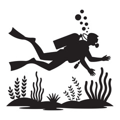Silhouette of a scuba diver exploring a vibrant underwater coral reef ecosystem with bubbles ascending