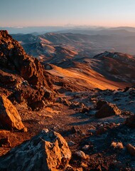 Obraz premium Red And Orange Rocks At Sunset Over Vast Desert Mountain Landscape