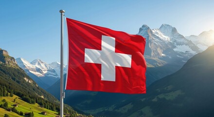 Swiss Flag Waving Over Alpine Mountains
