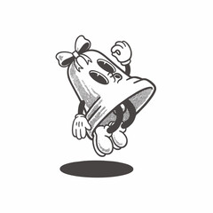 Retro groovy Christmas jingle bell character with a red bow. Vector, illustration, mascot, vintage, colection, icon, sticker, cartoon, coloring book, cute, winter, coloring book 